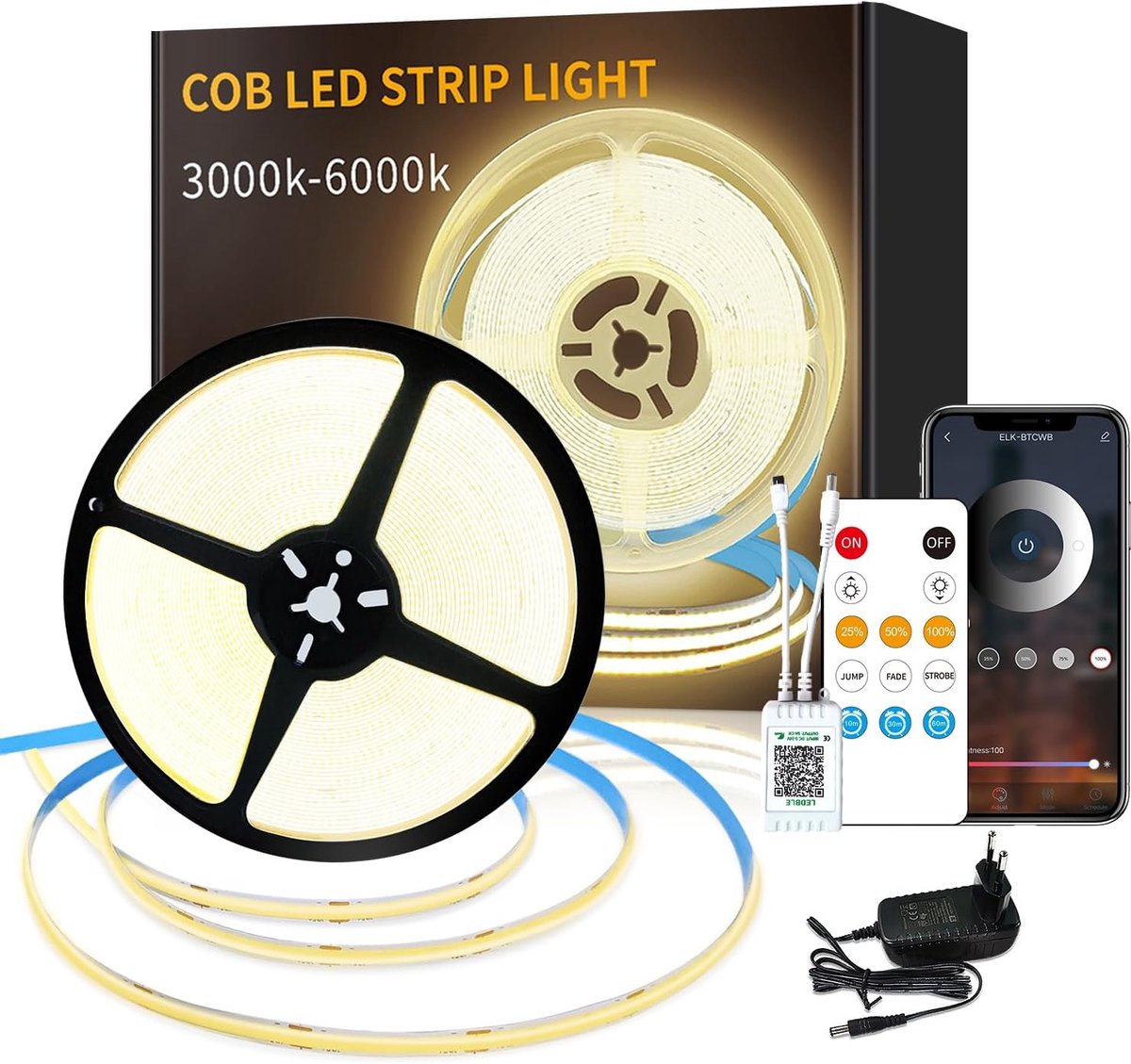 SnelShoppen - Yeewhale Cob Ledstrip 20 m met Afstandsbediening & App, Dimbare Warmwitte COB-LEDstrip 3000 K voor Slaapkamer, Doe-Het-Zelf Decoratie en