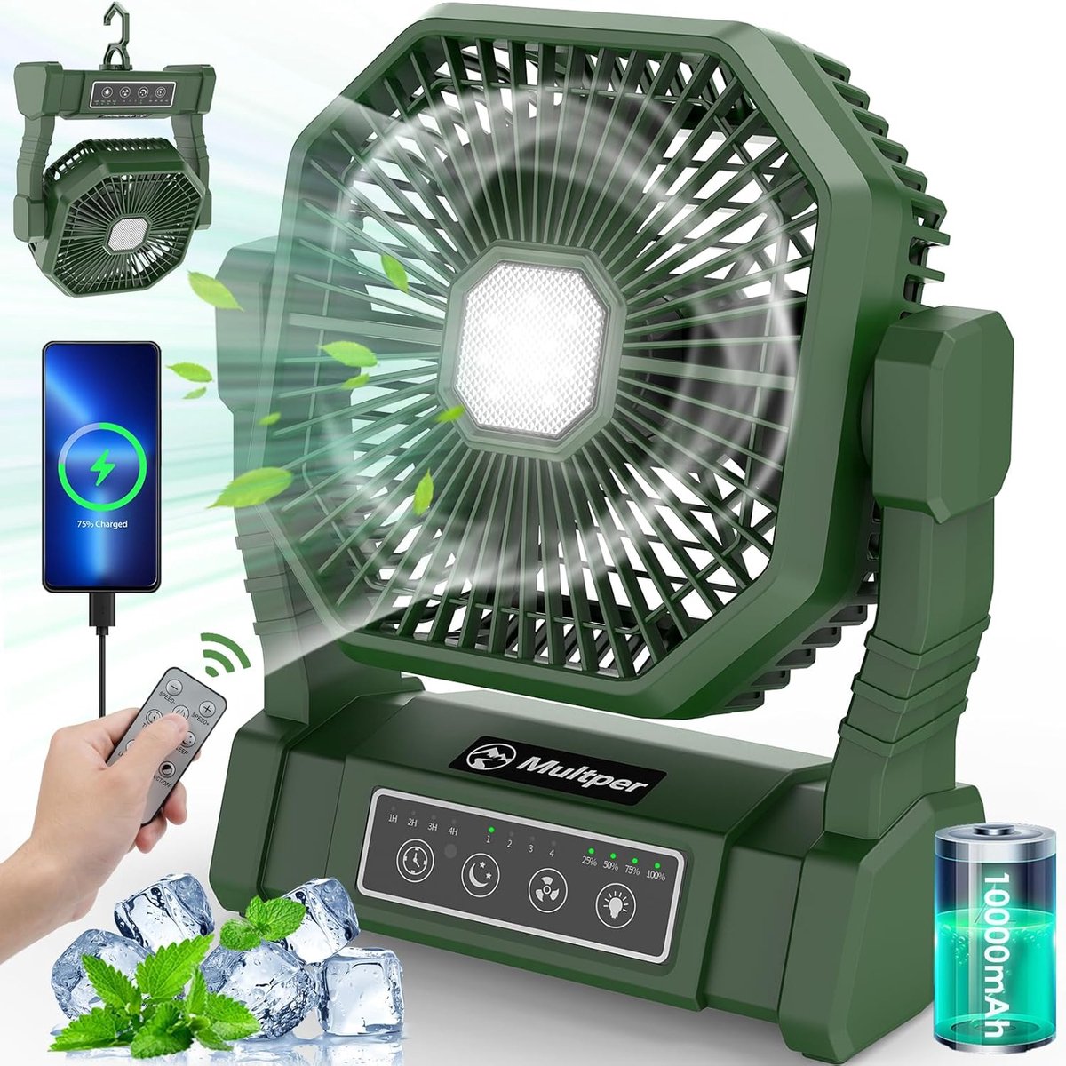 SnelShoppen - Campingventilator met LED-lantaarn, oplaadbare draagbare buitententventilator met afstandsbediening, 4 snelheden, krachtige koeling, ide
