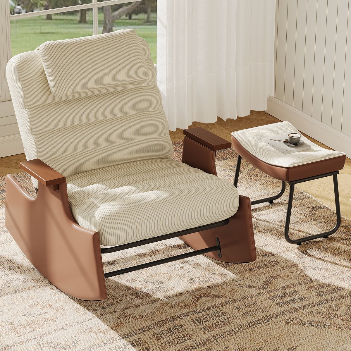 Schommelstoel 81x51x81 cm met voetenbank, verstelbare relaxstoel met 3 standen rugleuning en hoofdsteun, comfortabele woonkamerstoel van corduroy, beige