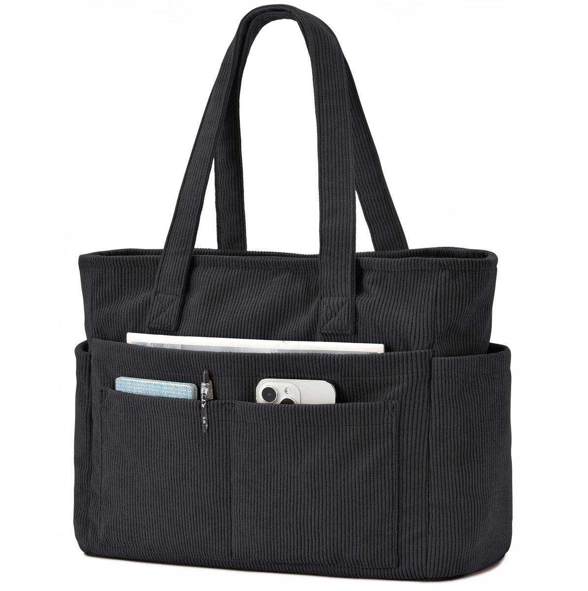 SnelShoppen - Oscaurt Corduroy Tas Dames - Grote Handtas met 13 Vakken, Laptopvak, Ritssluiting - Opvouwbare Shopper Tote Strandtas Zwart - Perfect vo