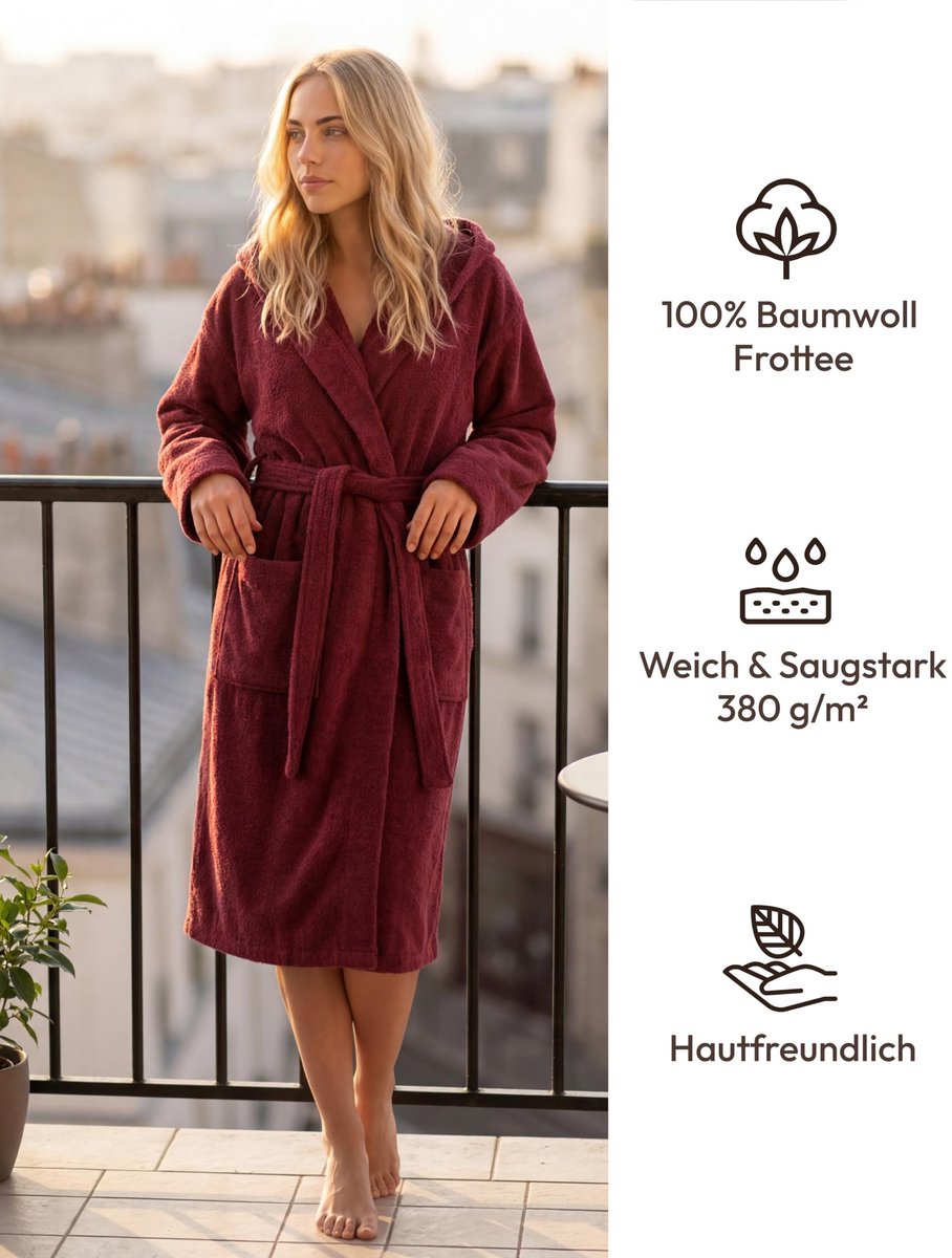 SnelShoppen - Dames Badjas Middellang met Capuchon - 100% Katoen Badstof 380 g/m² - Bourgo