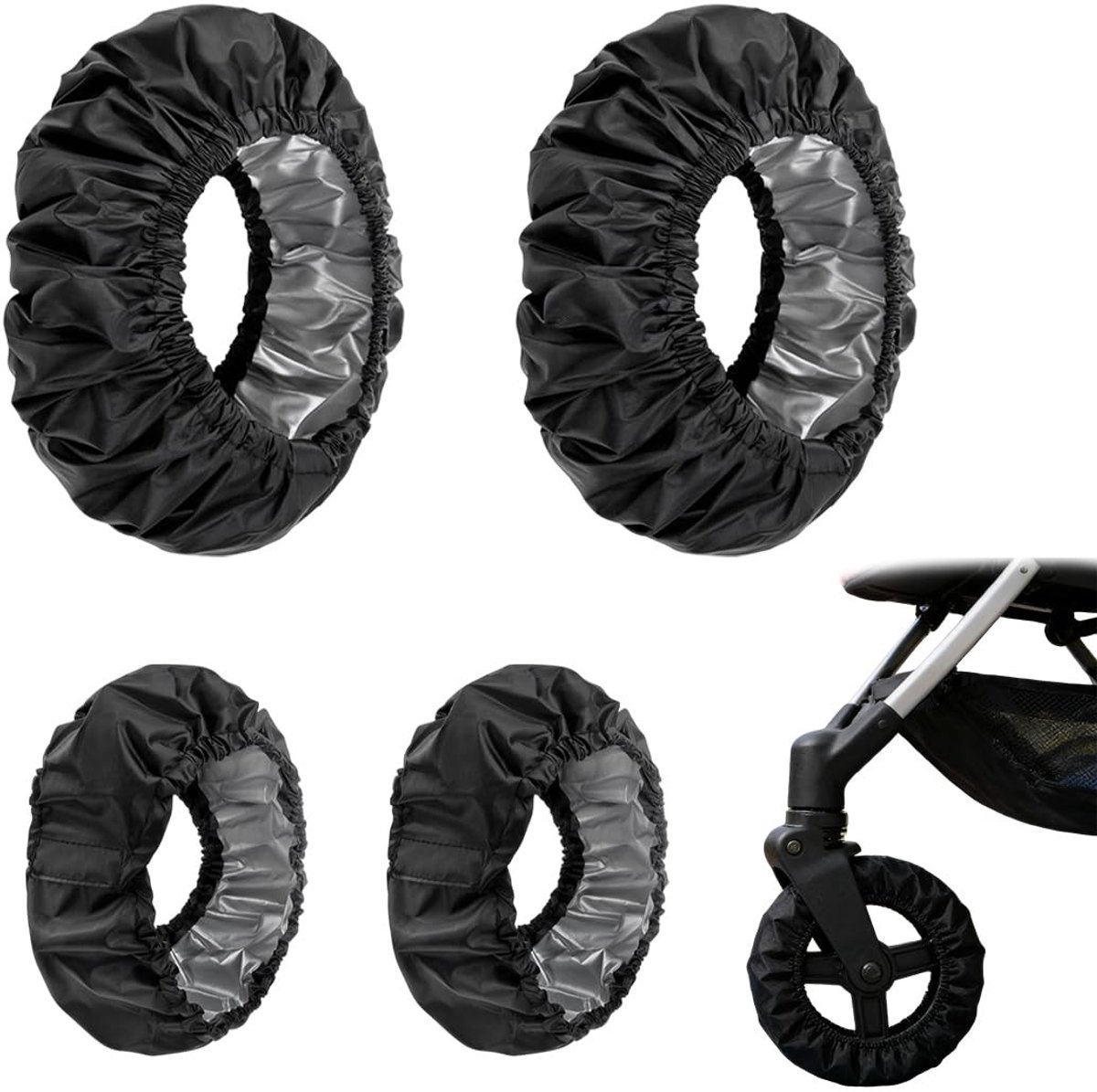 Dailygoods - 4 Stuks Zwarte Wielhoezen voor Kinderwagen met Oxford-Stof