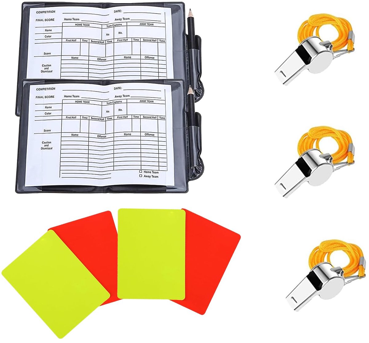 Dailygoods- Scheidsrechtersset 2 stuks - Voetbalscheidsrechterkaarten - PVC rode/gele kaarten - Fluitsleutelkoord 3 stuks - Geschikt voor sporttraining - Ideaal voor voetbal - Scheidsrechtersmateriaal