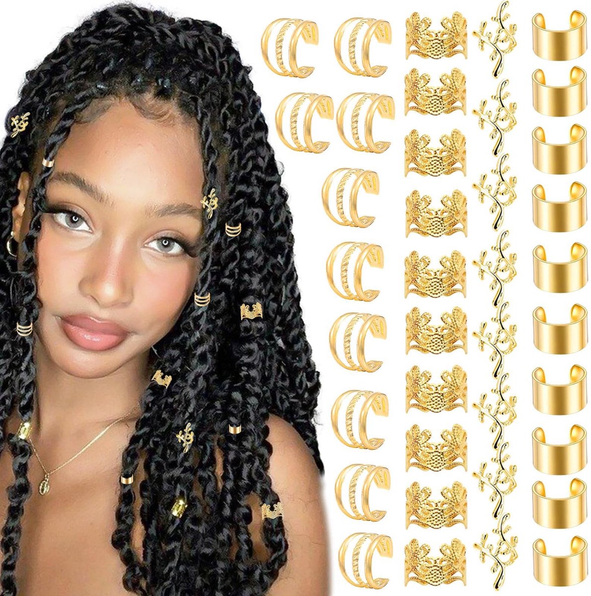 Dailygoods- Haarsieradenset 40-delig - Verstelbare Haarmanchetten - Oorclips - Vlechtaccessoires - Loc/Dreadlock - Diverse Stijlen - Haarsieraden