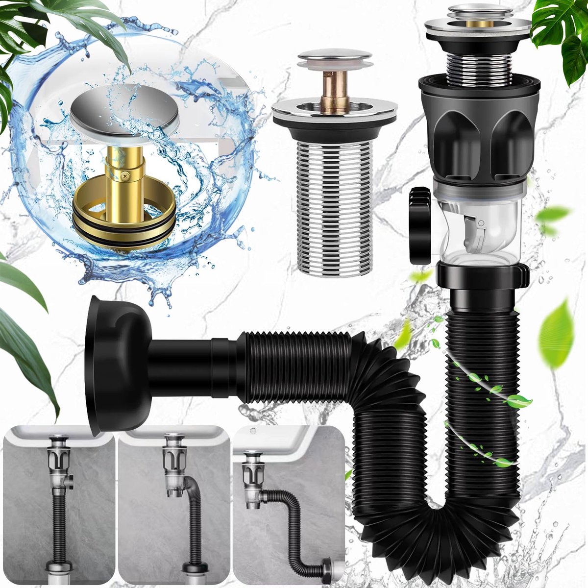 Dailygoods - Afvoerbuizen Set voor Wastafel met Flexibele Siphon en Filter