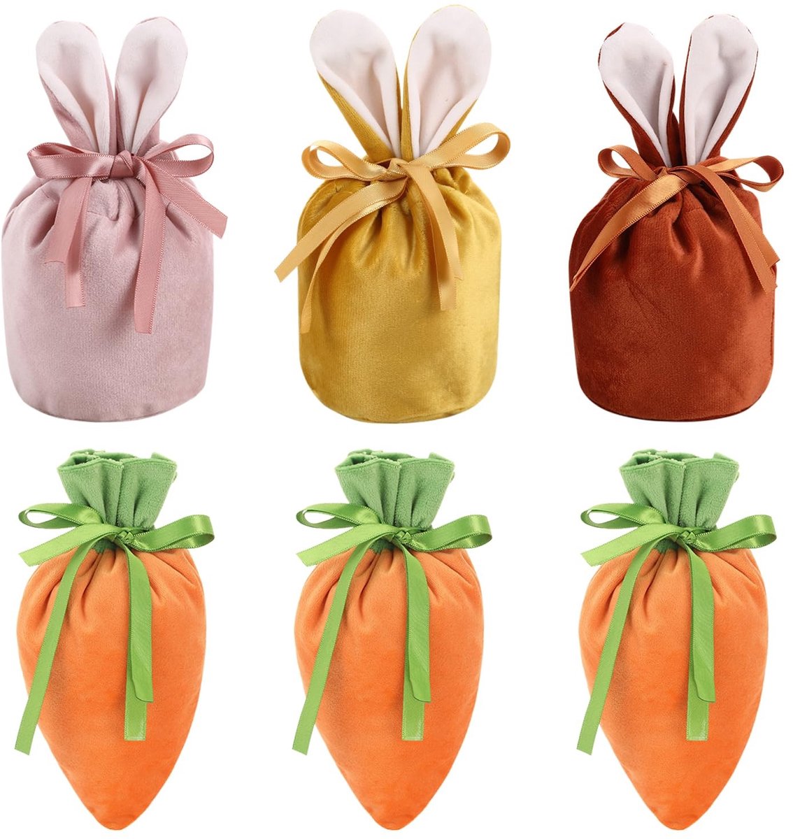 Dailygoods- Paashaaszakjes 6 stuks - Fluwelen Wortelzakken - Konijnenoorzakjes - Paasgeschenkzakken - Trekkoord Feesttassen - Ideaal voor Paasdecoraties - Paaszakjes