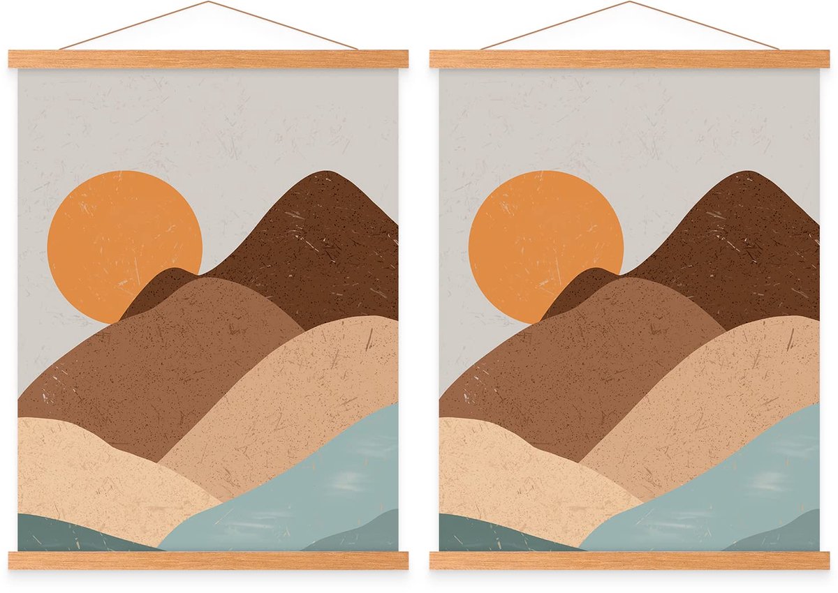 Dailygoods- Posterrail Houten - Magnetische Beugel - 50 x 70 cm - 2 Stuks - Teakhout - Antislip Koord - Kunstlijst