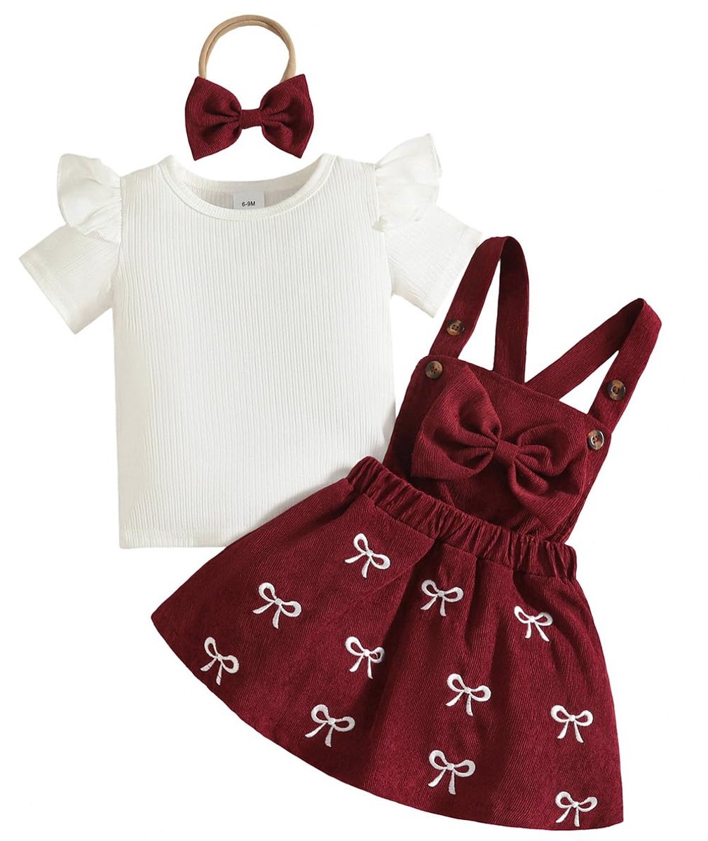 SnelShoppen - Kleding voor Peuters en Babymeisjes - Korte Mouwen Top en Bretelrok Set - Corduroy met Borduurwerk - Wijnrood - 6-9 Maanden - Perfect vo