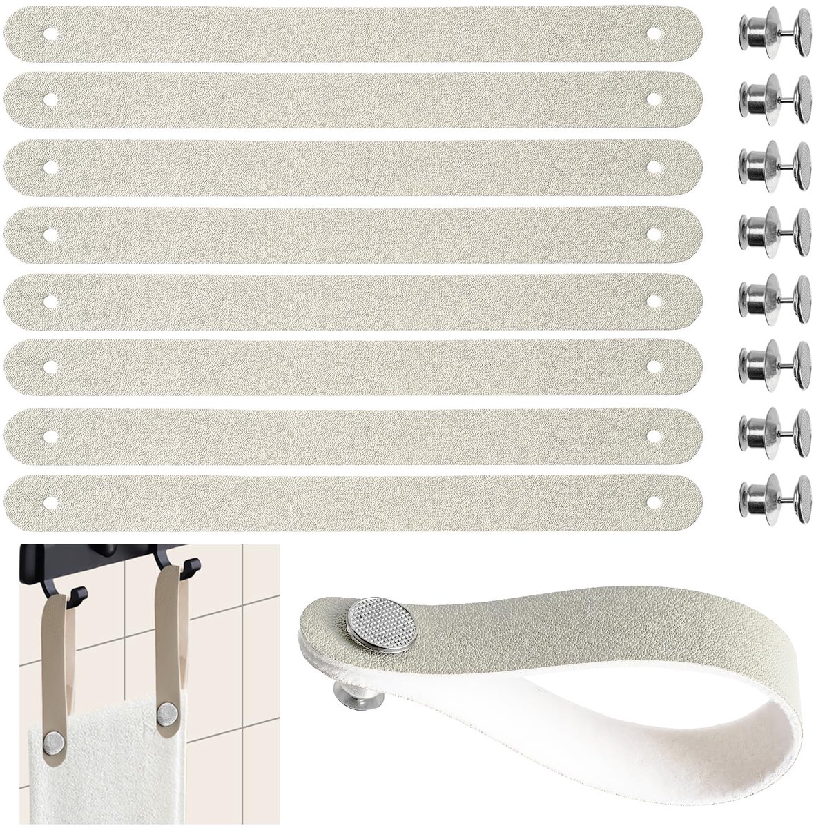 Dailygoods - Set van 8 Stijlvolle Towel Hangers - Beige Leer, Geschikt voor Badkamer en Keuken