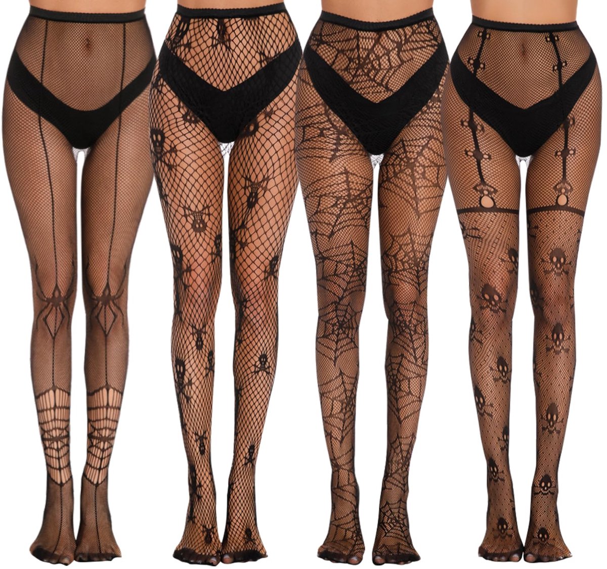 Dailygoods - 4 Stuks Zwarte Visnetpanty met Spinnenmotief voor Halloween
