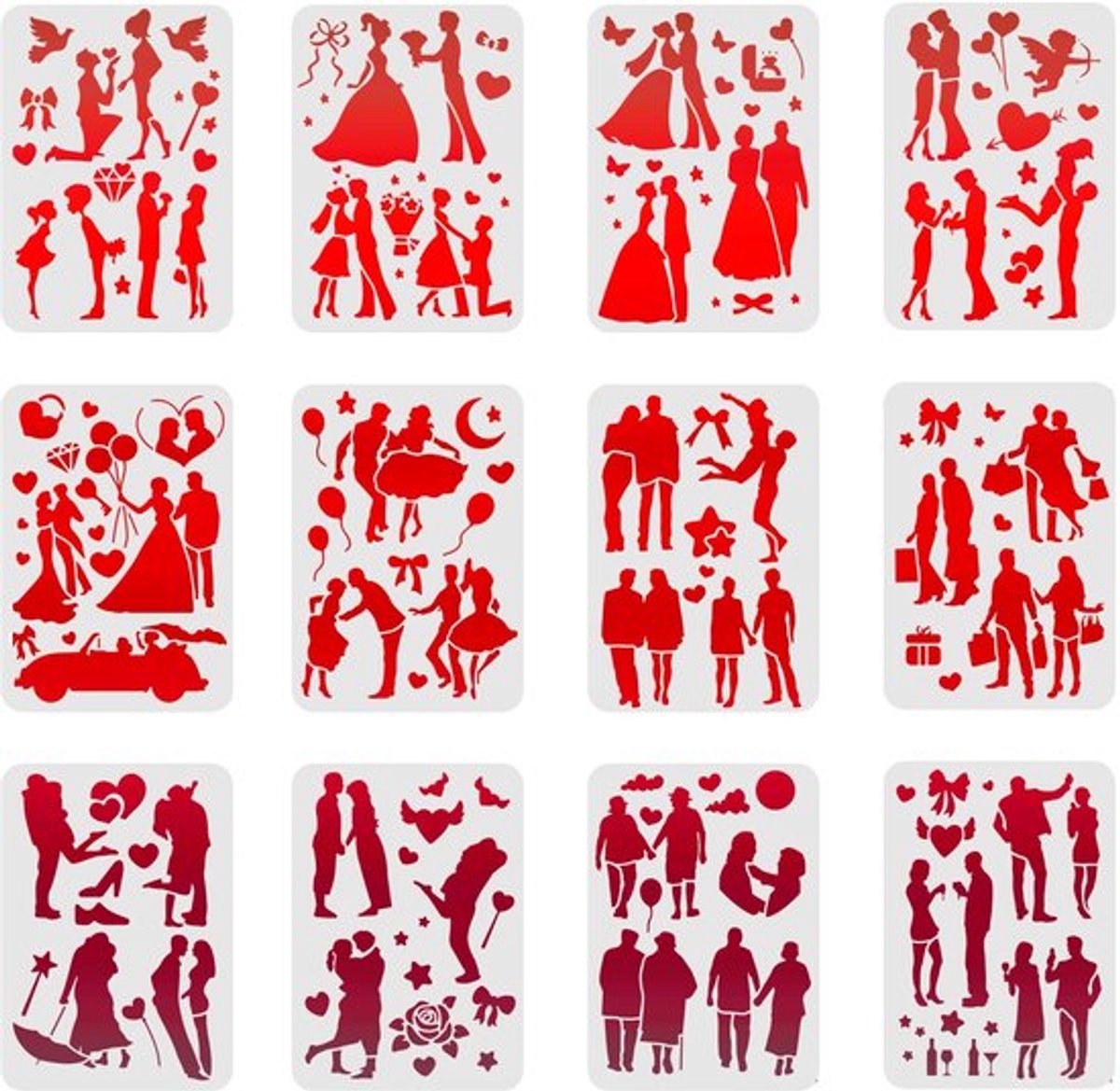 - Liefdesstencils - Romantische sjablonen - Kunststof - 12 stuks - Creatief schilderen - Diverse maten - Geschikt voor hout en muur