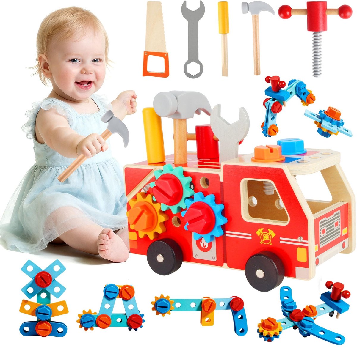 Dailygoods - Houten Kindergereedschapskist met Brandweervoertuig - Montessori Speelgoed