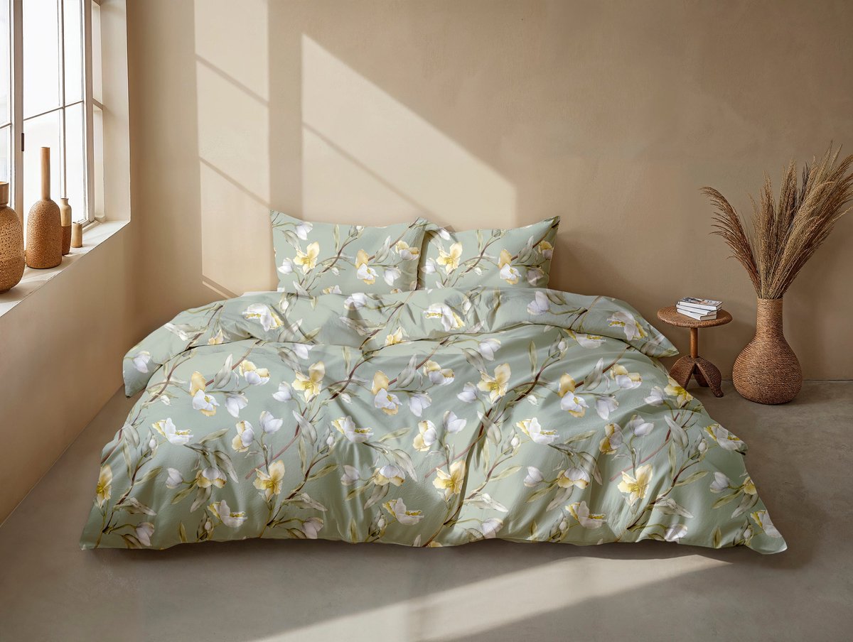 Zohome Dekbedovertrek Sole - Green - Bloemen - Dekbedovertrek 200x200/220 cm - 100% Microvezel - Tweepersoons Dekbedovertrek