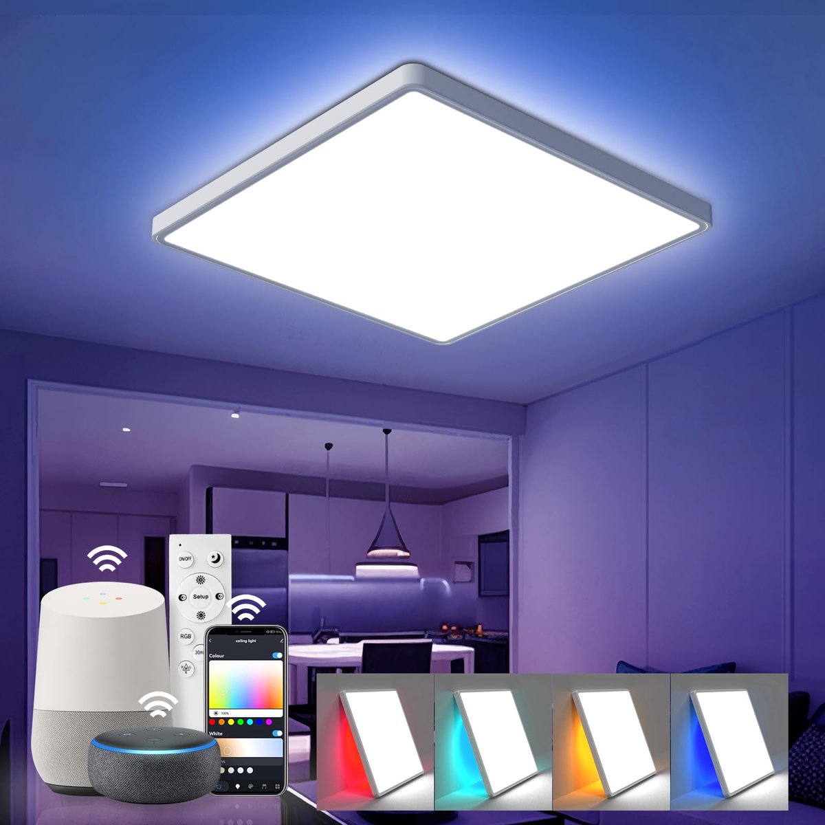 SnelShoppen - Dimbare LED-plafondlamp 40 cm, 42W RGB met afstandsbediening en app, Alexa-compatibel, 7 kleuren sfeerlicht voor woonkamer, slaapkamer,