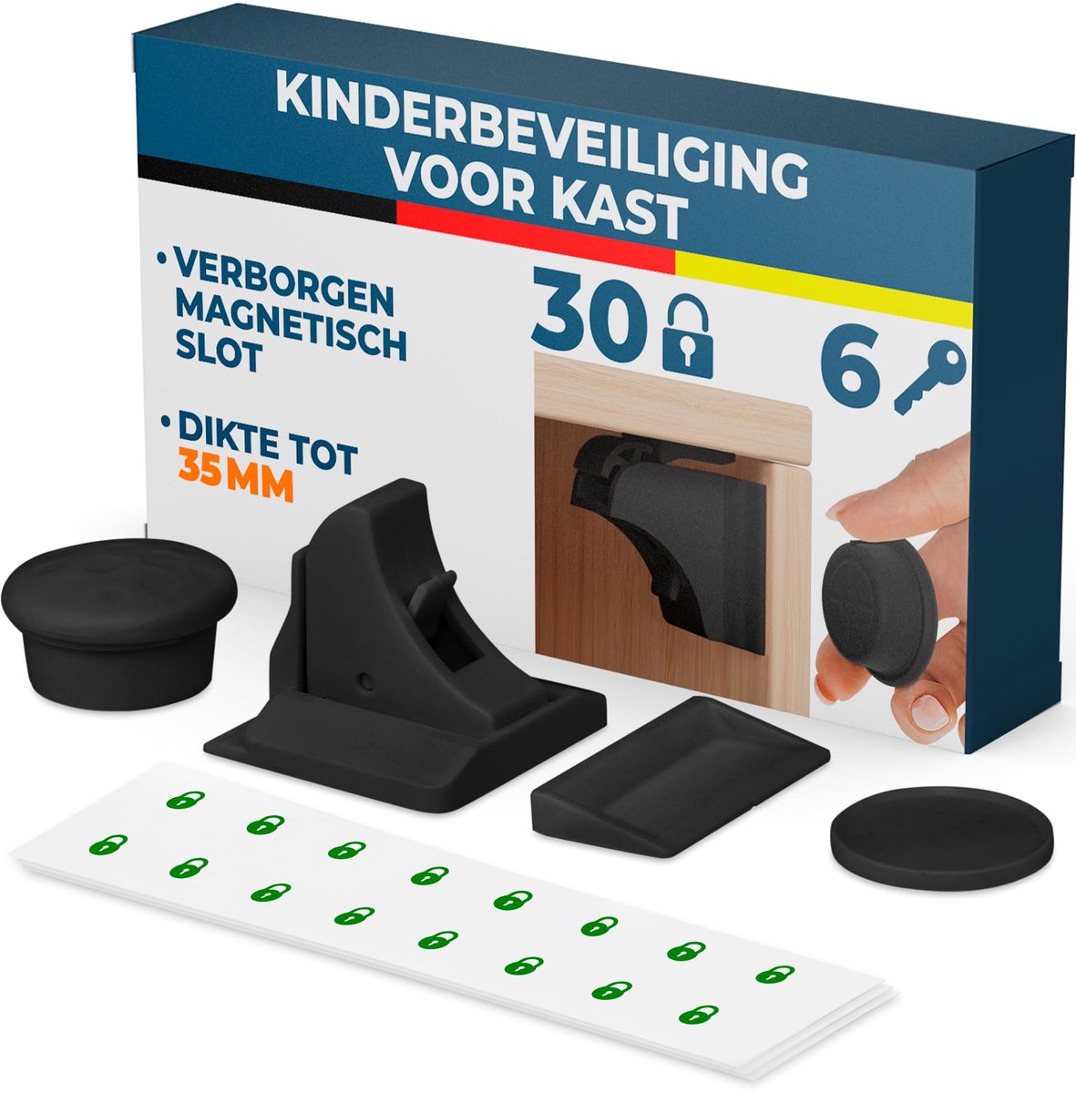 SnelShoppen - Magnetische Kinderbeveiliging, 30 Sloten + 6 Sleutels, Kast- en Ladebeveiliging Zonder Boren, Onzichtbare Magneetsluiting in Zwart voor