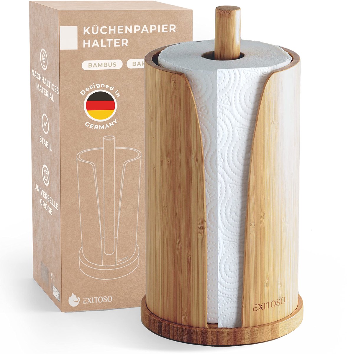 SnelShoppen - Keukenrolhouder Bamboe - Staande Keukenrolhouder met Design - Hout Papierrolhouder voor Keuken, Feest, Camping - Zwarte en Natuurlijke K