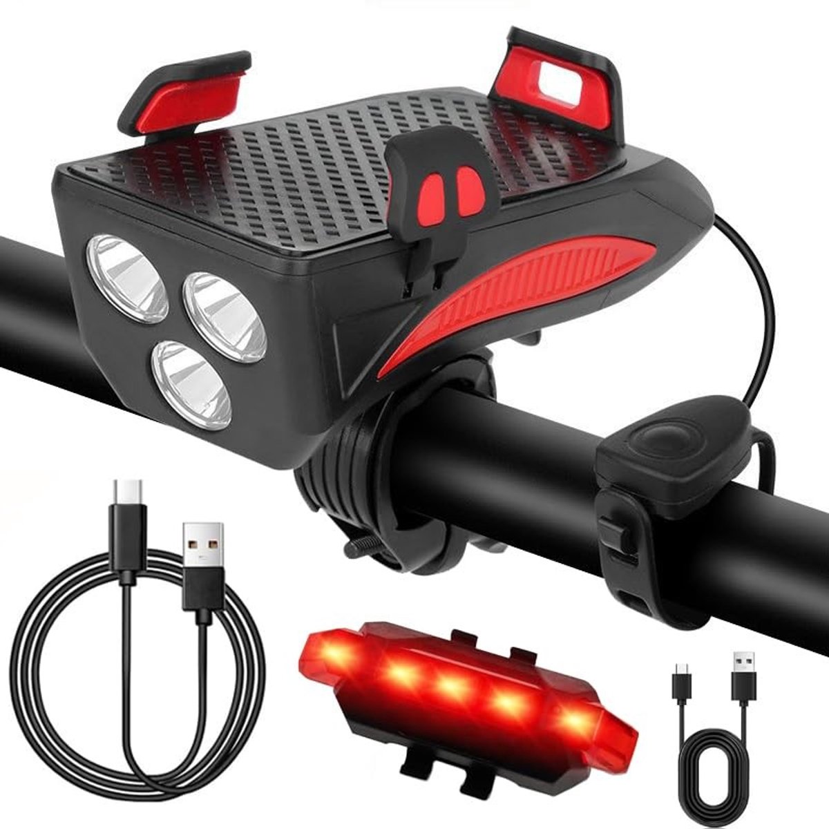 Dailygoods- Fietsverlichtingsset Oplaadbaar 4800mAh - Fietslamp - Achterlicht - Houder - Powerbank - Geschikt voor Mountainbikes/Racefietsen