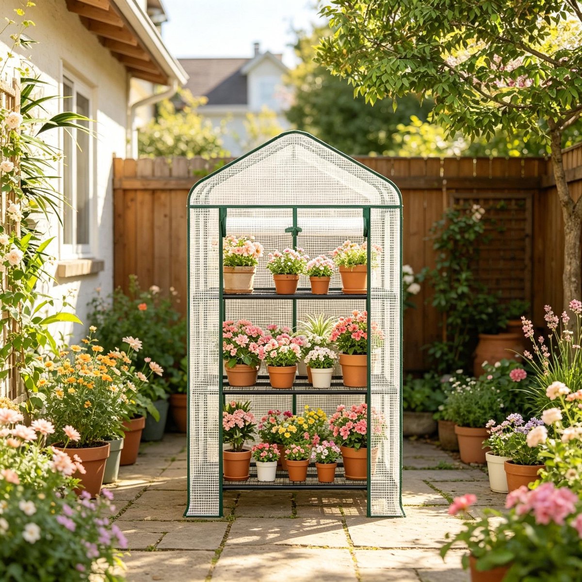 FloraGrace Tomatenkas – 70 x 50 x 130 cm – Met Wielen En 3 Planken – Polyetheen En Staal – Wit – Voor Balkon, Terras En Tuin