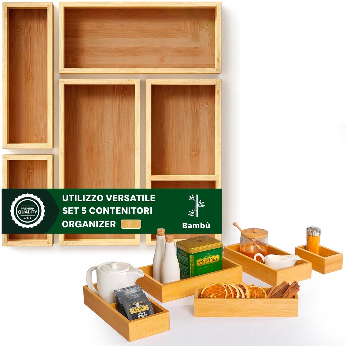 Dailygoods - Set van 5 Multifunctionele Bamboo Organizers - Perfect voor Keuken en Badkamer