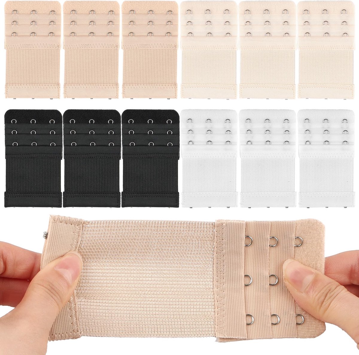 Dailygoods - 12-Pack Bh Verlengingen met 3 Haken - Comfortabel en Elastisch in 4 Kleuren