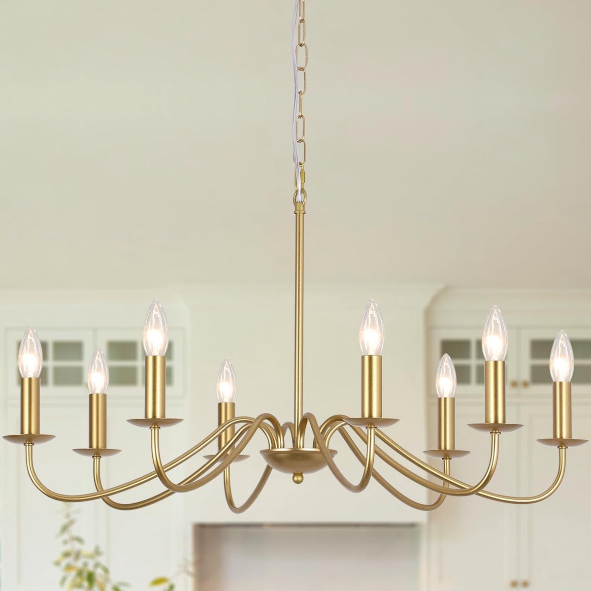 Dailygoods- Kroonluchter goud 8 lampen - Vintage/modern - Verstelbare ketting 150 cm - E14-fitting - Flexibele plafondplaat - Hoogte 50-200 cm - Plafondlamp