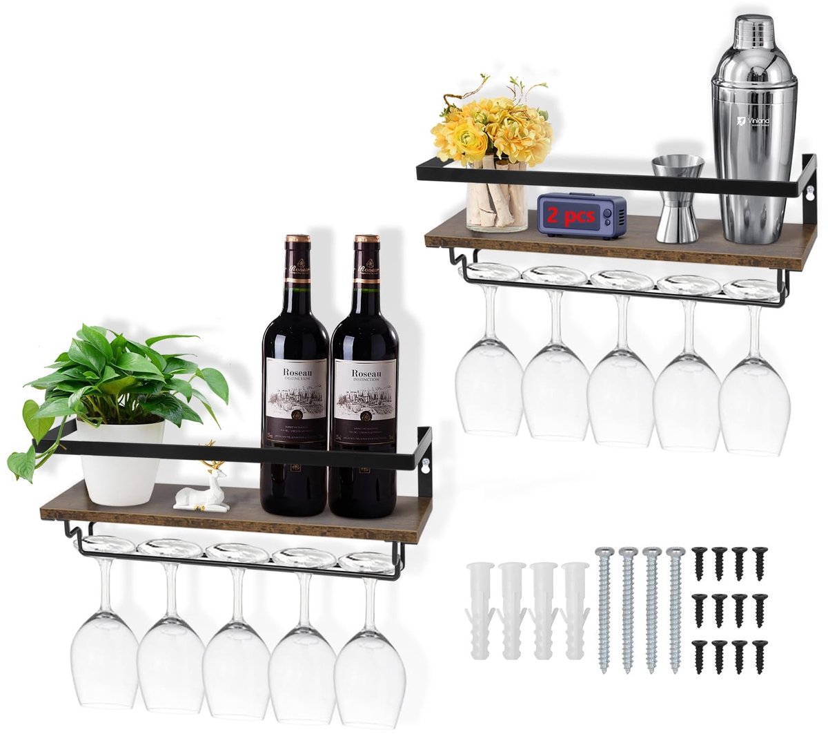 Dailygoods - Wandgemonteerde Houten Flessenrek Set van 2 - Rustic Floating Shelves