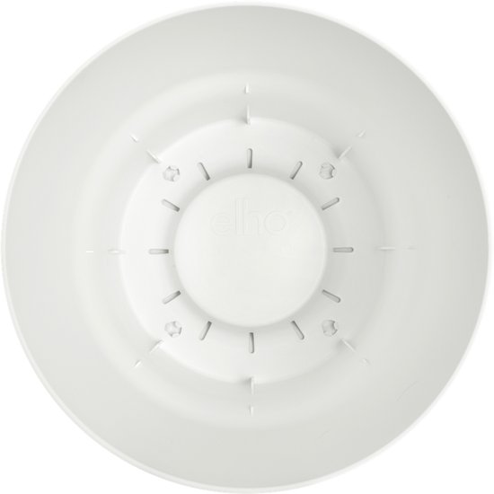 Witte bloempot van bovenaf, met een Elho logo in het midden.