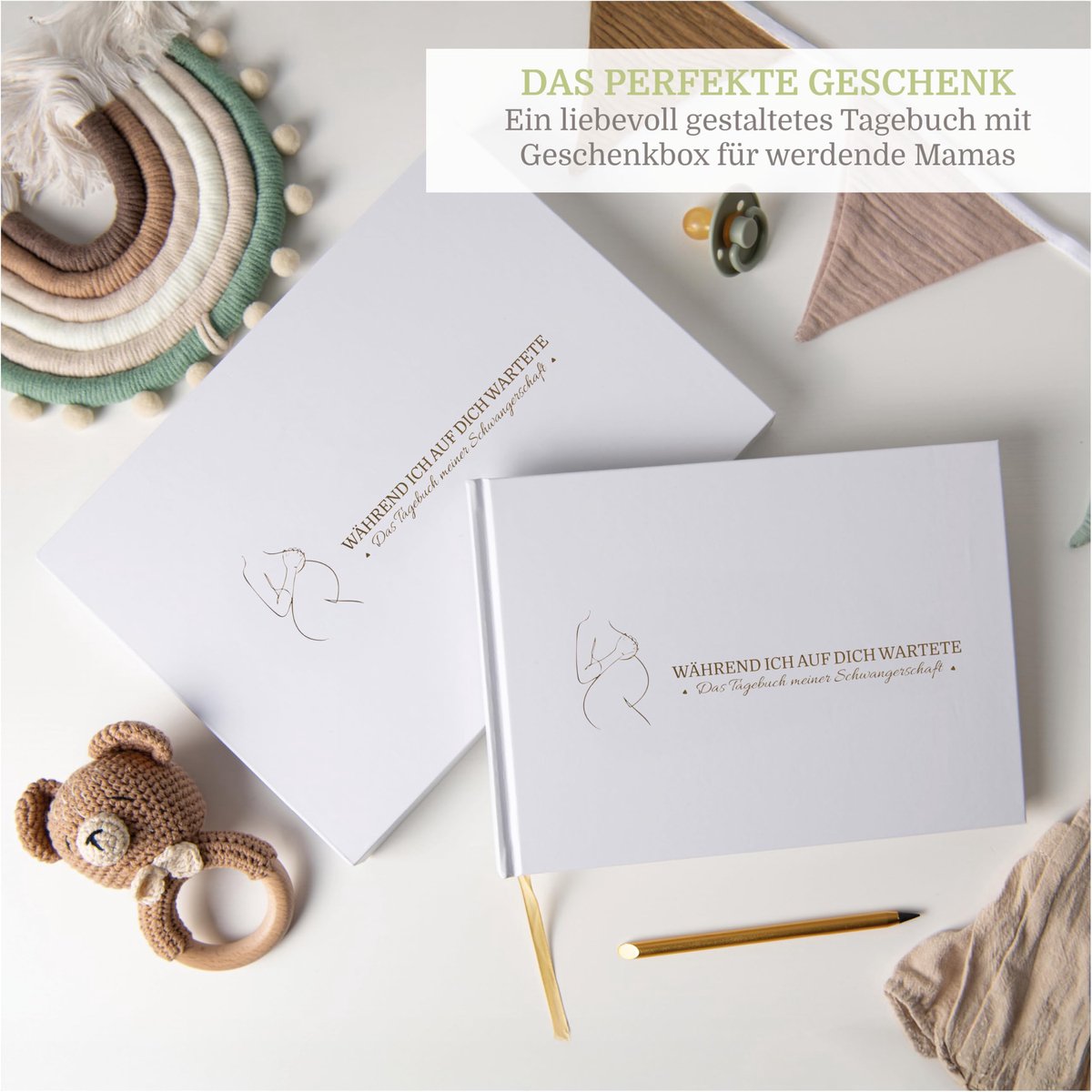 SnelShoppen - Zwangerschapsdagboek met metallic potlood, geschenkdoos met magneetsluiting en sticker | Perfect zwangerschapscadeau voor aanstaande moe