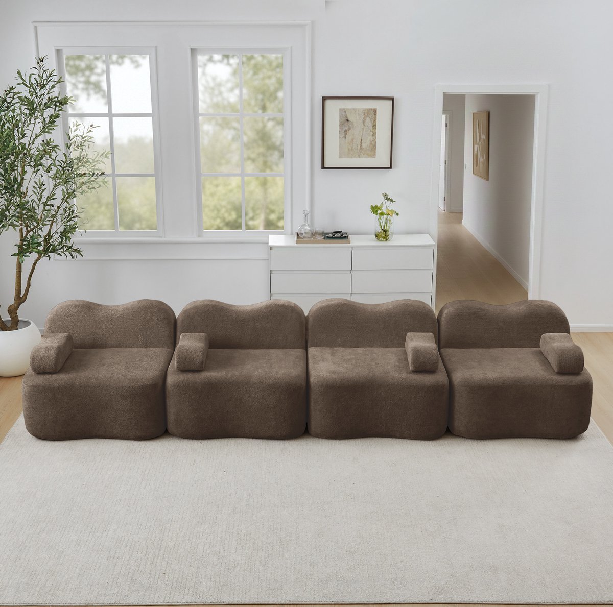 COVREO 4-zits modulaire bank 384 x 98 x 70 cm - bruin velvet, 32D schuim