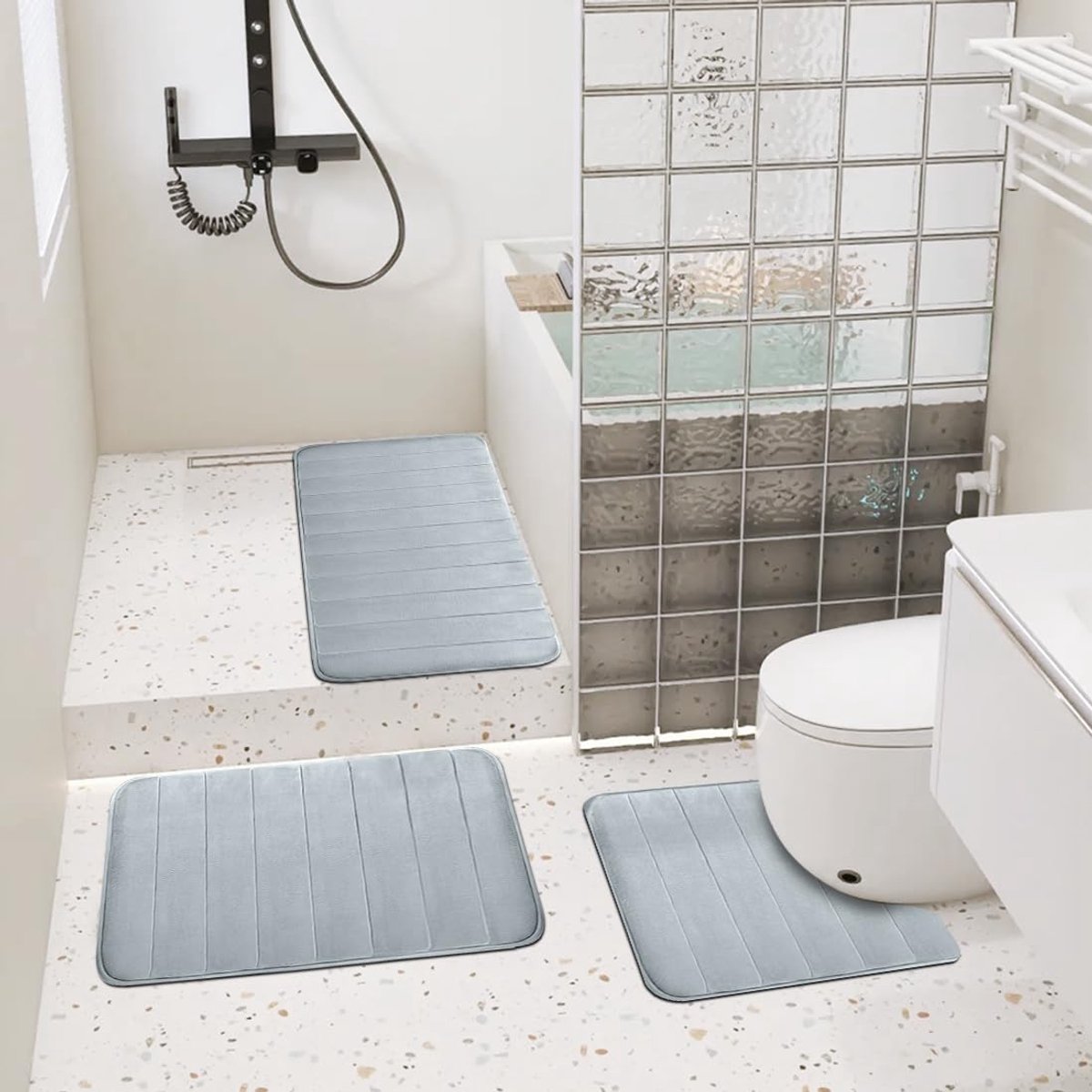 SnelShoppen - 3-delige Badkamermatset, Zachte Traagschuim Badmat en U-vormige WC-mat, Antislip, Absorberend, Wasbaar, Lichtgrijs - Voor Badkuip, Douch