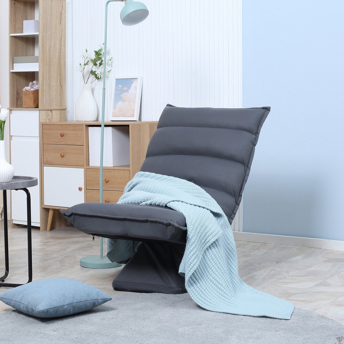 OKWISH Relaxfauteuil Bodensofa 62 X 70 X 95 Cm - 360 Graden Draaibaar Met 5-Standen Verstelbare Rugleuning - Stalen Frame - Donkergrijs