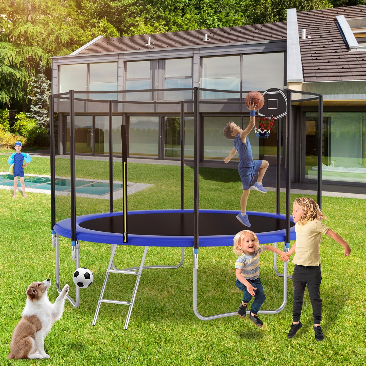 MIVRAY Trampoline 366 Cm Veiligheidsnet En Versterkte Veren Staal Blauw Buitenplezier Voor Kinderen En Volwassenen Met Ladder En Basketbalring
