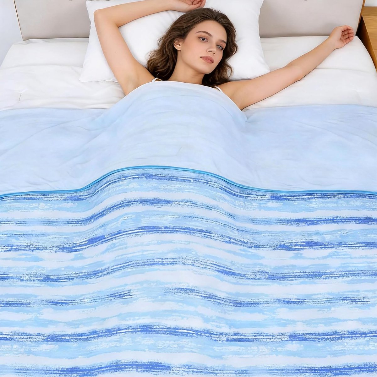 SnelShoppen - Chlophy Koeldeken voor Nachtelijk Zweten - Zomerdeken Dubbelzijdig met Bamboe en Japanse Koelvezel - Lichtblauwe Strepen 150x200 cm - Pe