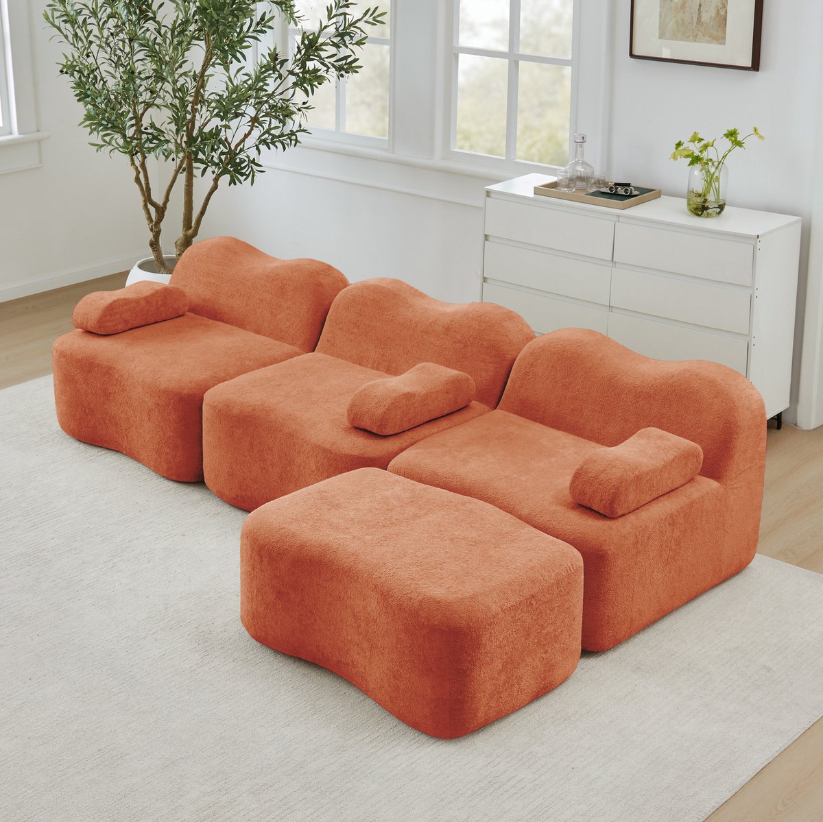 COVREO Hoekbank 288 x 167 x 70 cm - oranje velvet, 3-zits, met 1 ottoman
