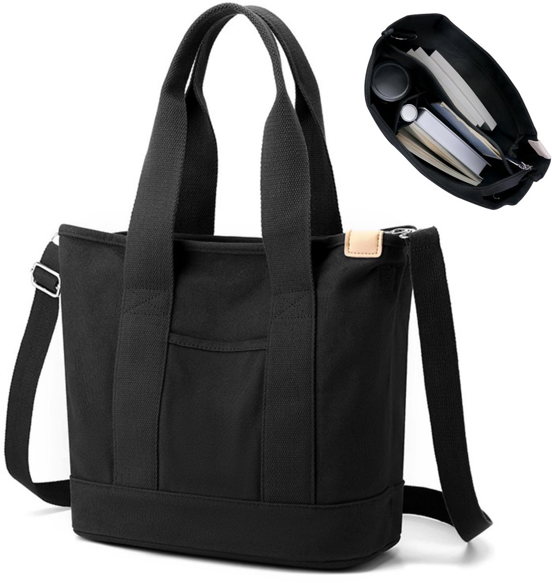 SnelShoppen - Aucuu Canvas handtas dames, schoudertas, shopper met ritssluiting, grote draagtas voor school, winkelen, werk, reizen, trendy en praktis