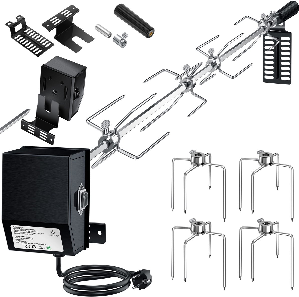 KESSER® Roestvrijstalen grillspies, 107 cm, geschikt voor Weber Spirit gasgrill met 4 x vleespennen, BBQ vleesklemmen, handvat en motor, elektrische draaispit, 220 V - 240 V, zwart