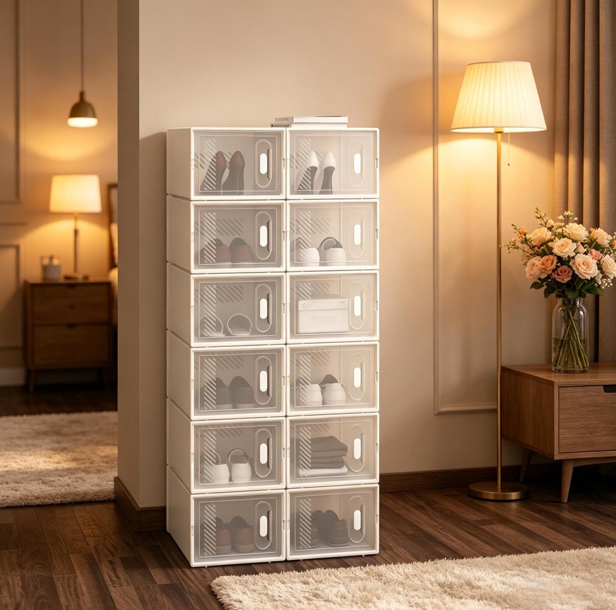 REDOM - Schoenopbergbox - Stapelbaar modulair ontwerp - Transparant front - Kunststof - Woonkamer, slaapkamer, badkamer - Transparant en wit - 50 x 35,5 x 111,5 cm