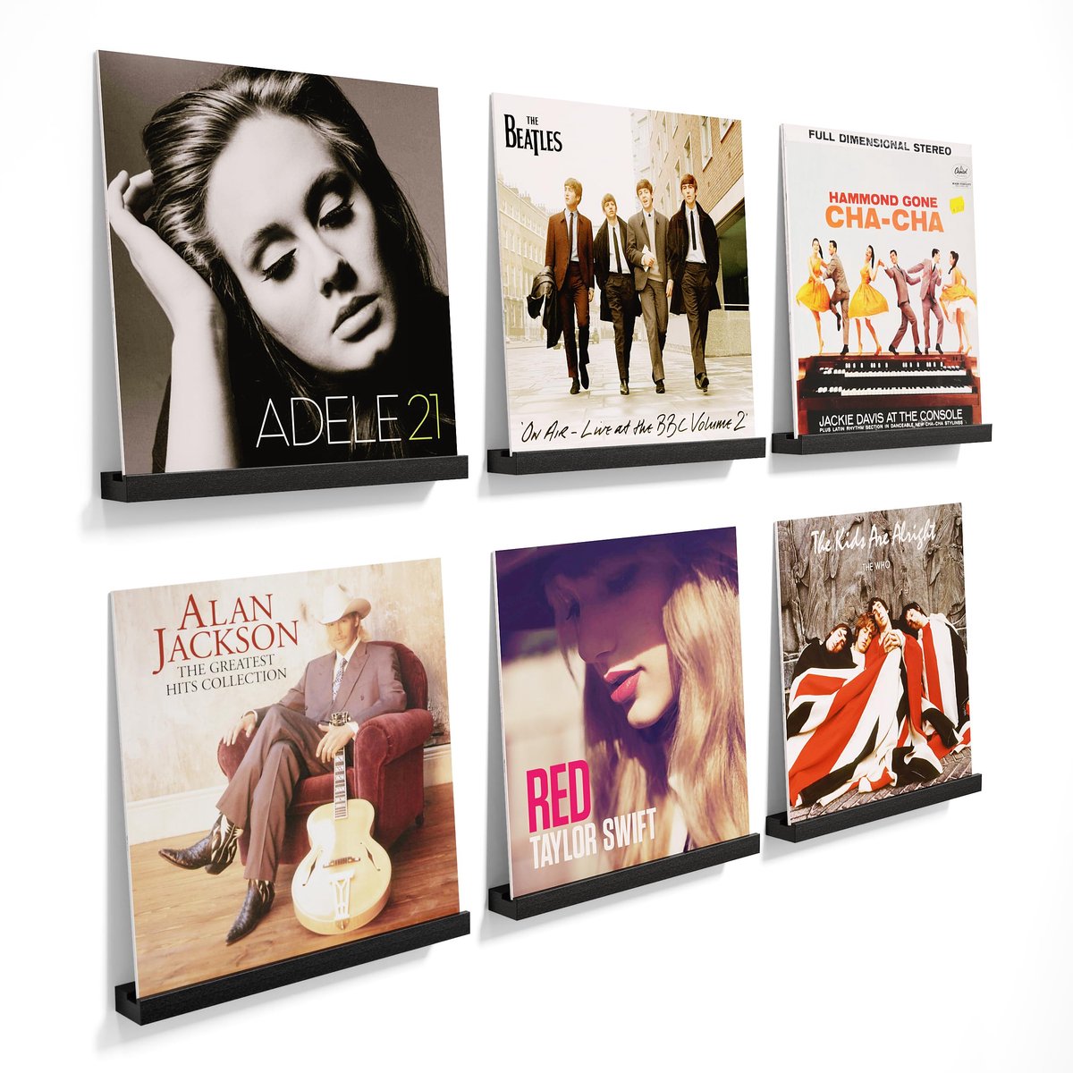 SnelShoppen - Pakket van 6 Vinylplanken met Muurbevestiging, 12-Duim Houten Vinylplatenhouder, Platendisplay voor Album LP, Zwart voor Woonkamer en Th