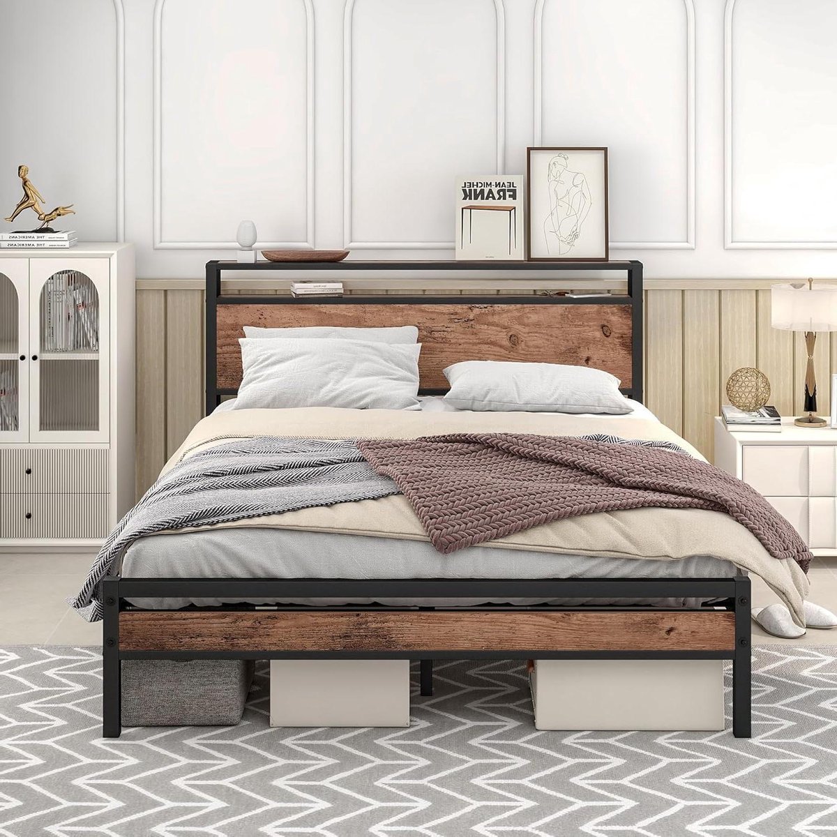Tweepersoonsbed Metaal - Jongensbed Meisjesbed - Slaapkamer Inrichten - Hoofdeinde met Opbergruimte - 120 x 200 cm - Zwart Bruin
