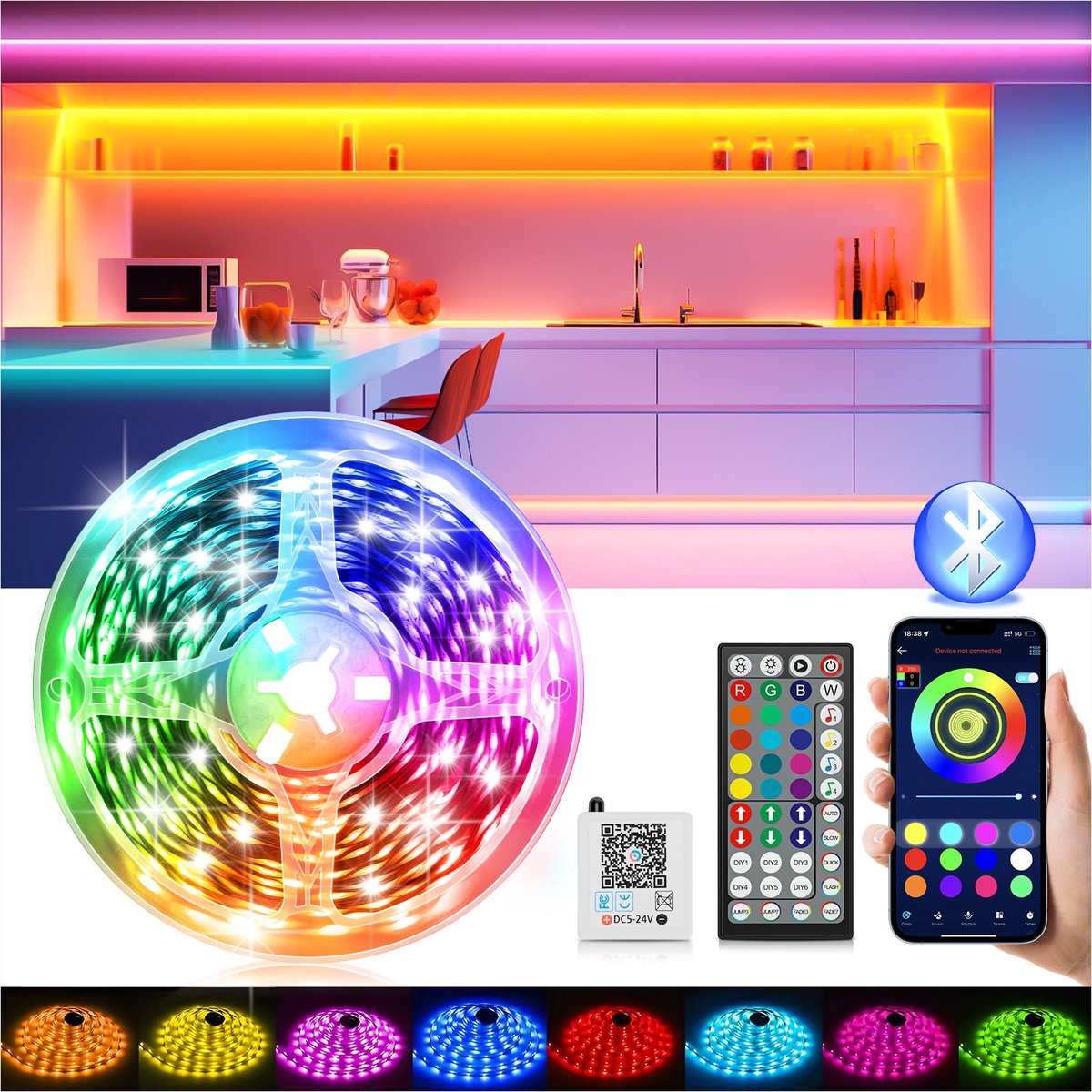 SnelShoppen - Ledstrip 15 m met Afstandsbediening, App en Muzieksynchronisatie - Dimbaar RGB Lichtketting voor Feest, Gaming en Kamerdecoratie