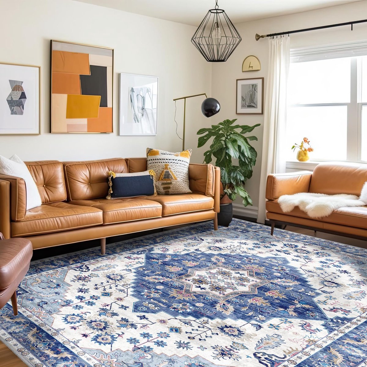 SnelShoppen - Vintage Tapijt Woonkamer Wasbaar Blauw 300x400 cm - Stijlvol Vloerkleed voor Gezellige Huiskamer, Keuken, en Feestelijke Gelegenheden