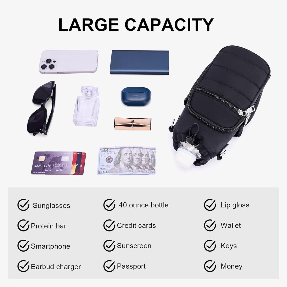 Waterfles tas - Flessenhouder - Waterfles tas - Flessendrager - Met schouderriem - 40 oz - Telefoontasje - Schoudertas - Geïsoleerde waterflestas - Geschikt voor fitness, wandelen, trektochten en buitensporten - Zwart — cadeau in Sport & Outdoor - foto 3