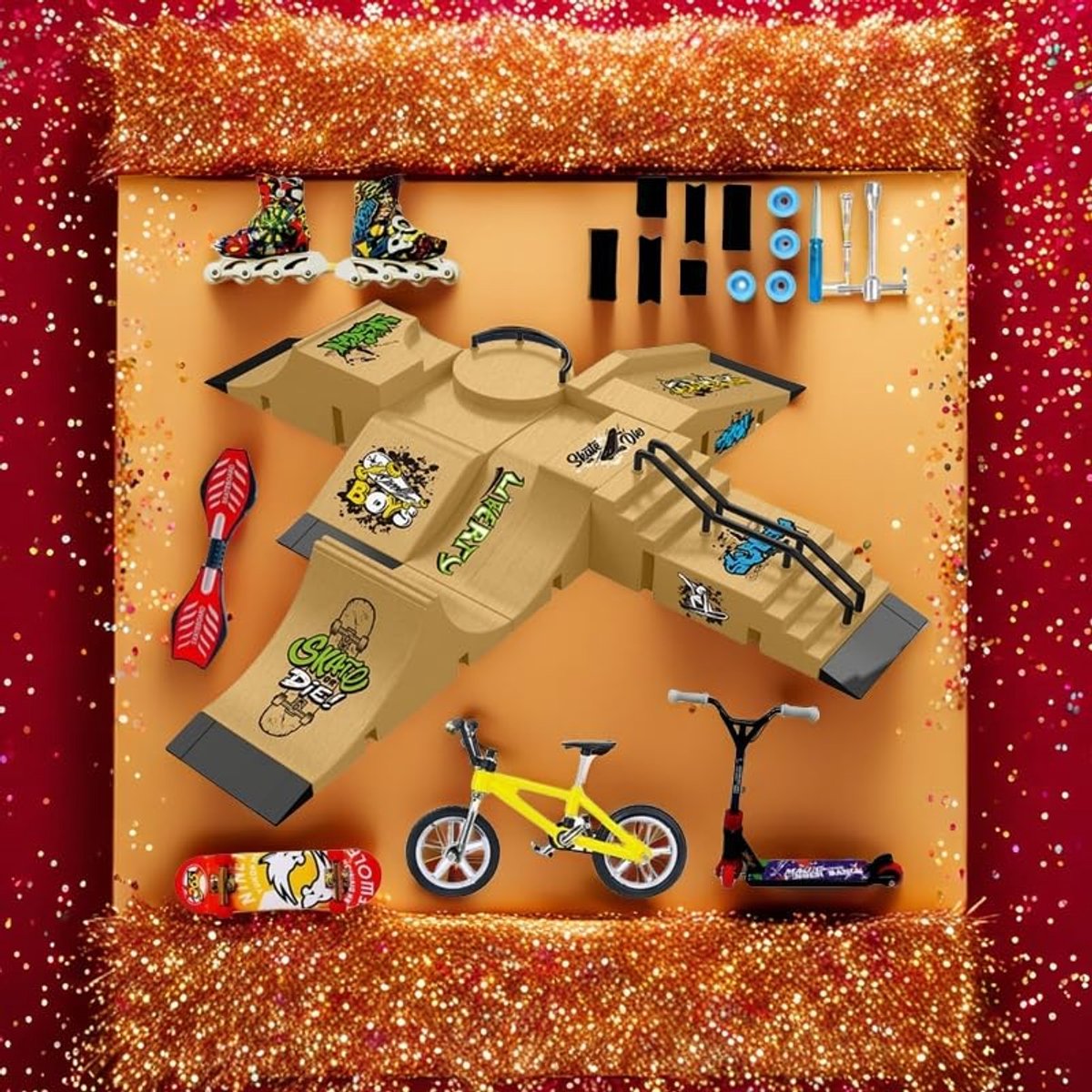 SnelShoppen - Vingerboard Skate Park Kit met 13 Stuks Skateboards, Hellingen, Schaatsen, Scooters en Fietsen - Grappig Mini Vingerspeelgoed in Rood vo