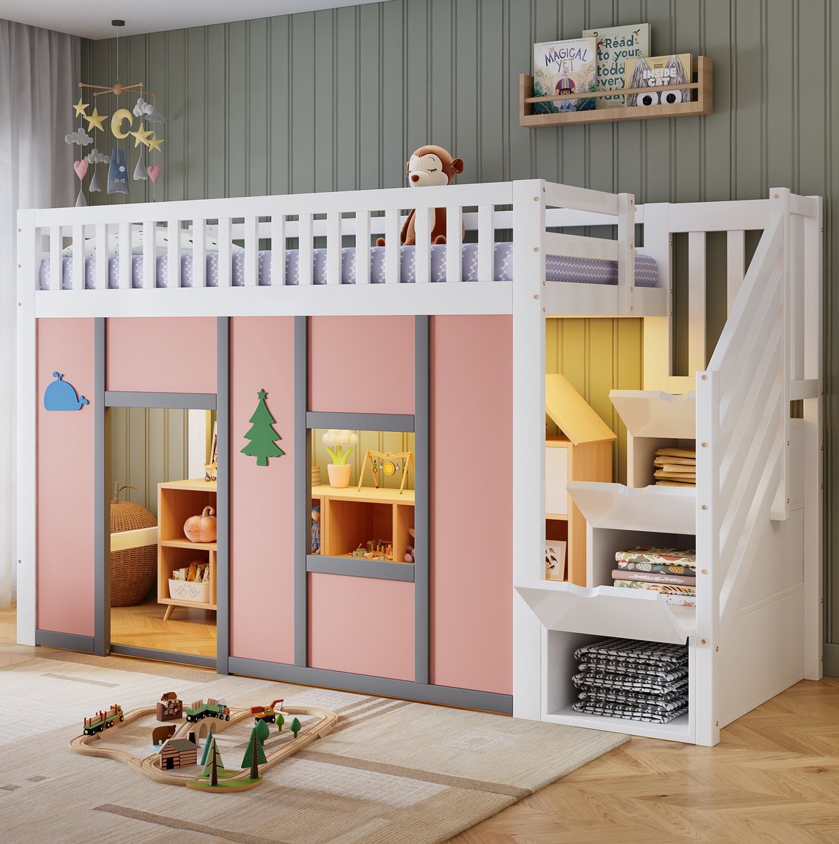 STILVORA Halfhoogslaper 90x200 cm – Kinderbed Met LED Verlichting En Stauraamtreppe – Speelruimte En Opbergruimte In Een – Voor Kinderkamer – Hout En MDF – Wit En Roze Zonder Matras