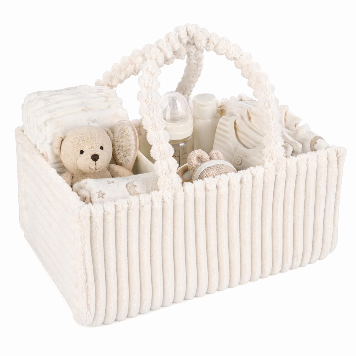 SnelShoppen - Opbergmand voor baby's 38 x 25,5 x 18 cm - Draagbare luiertafel met handvat en afneembaar vak - Wit pluche luiers en doekjes organizer