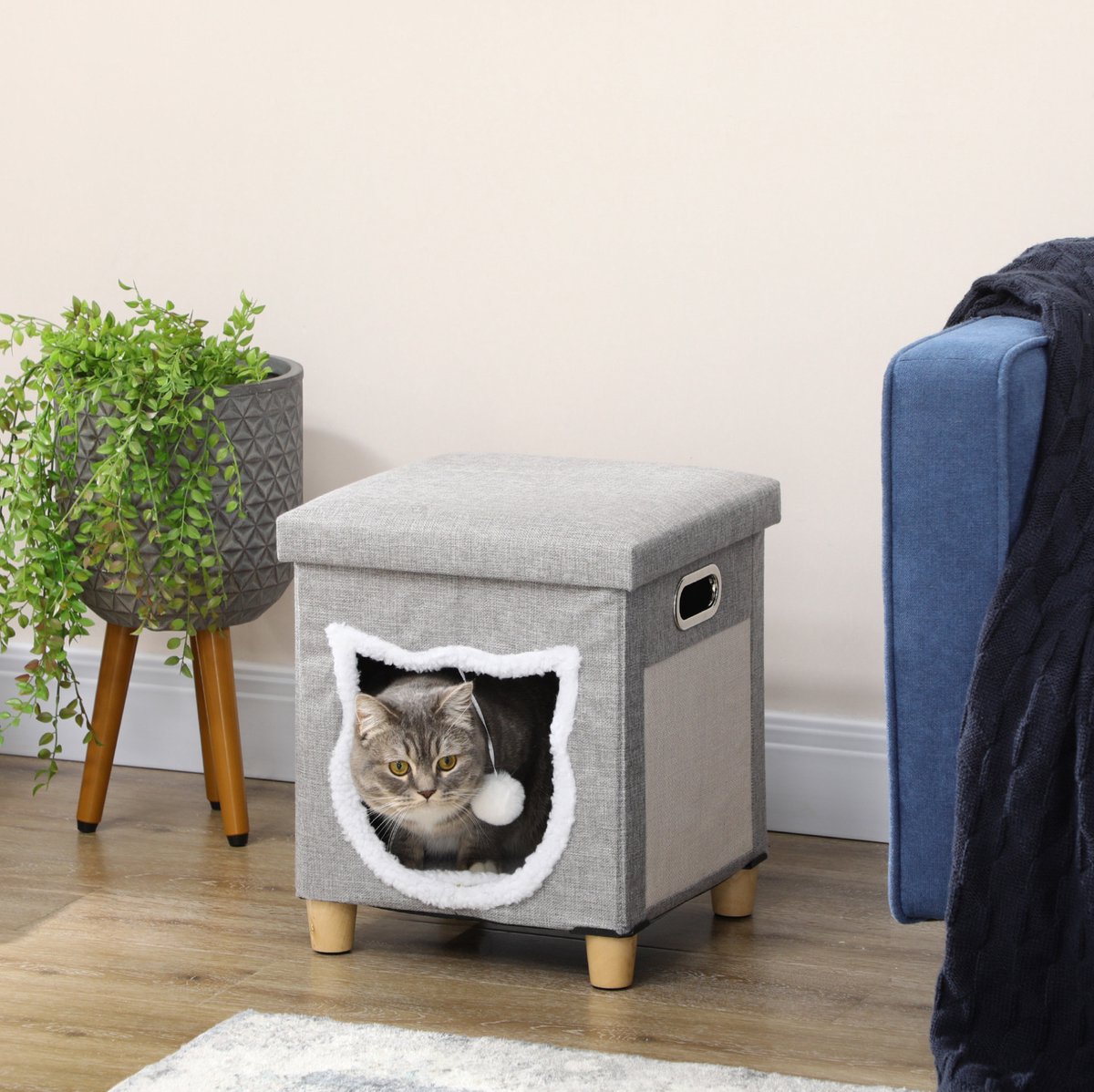 Wishdor kattenhuis ottomane met kussen en krabmat - speelbal - antislip - grijs - polyester - 42,5 cm
