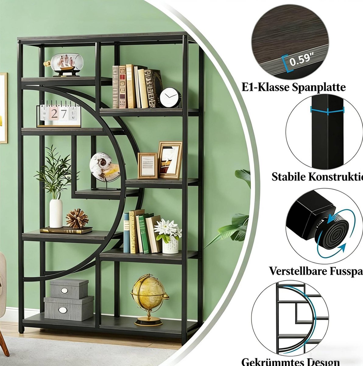MIVRAY Boekenkast – Halvemaanvormig Design – 95 x 30 x 175 cm – Metaal en Gelamineerd Hout – Zwart – Vrijstaande Open Opbergkast