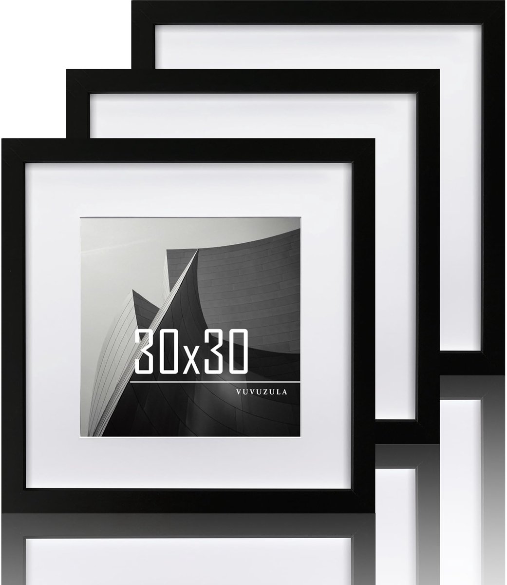 SnelShoppen - VUVUZULA Fotolijst Set van 3 - Zwarte Houten Fotolijsten 30 x 30 cm met MDF Frame en Passe-Partout 20 x 20 cm voor Foto's, Wanddecoratie