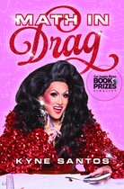 Een dragqueen met een grote zwarte pruik en rode pailletten jasje, zittend aan een bureau vol met wiskundige formules. Tittel: Math in Drag.