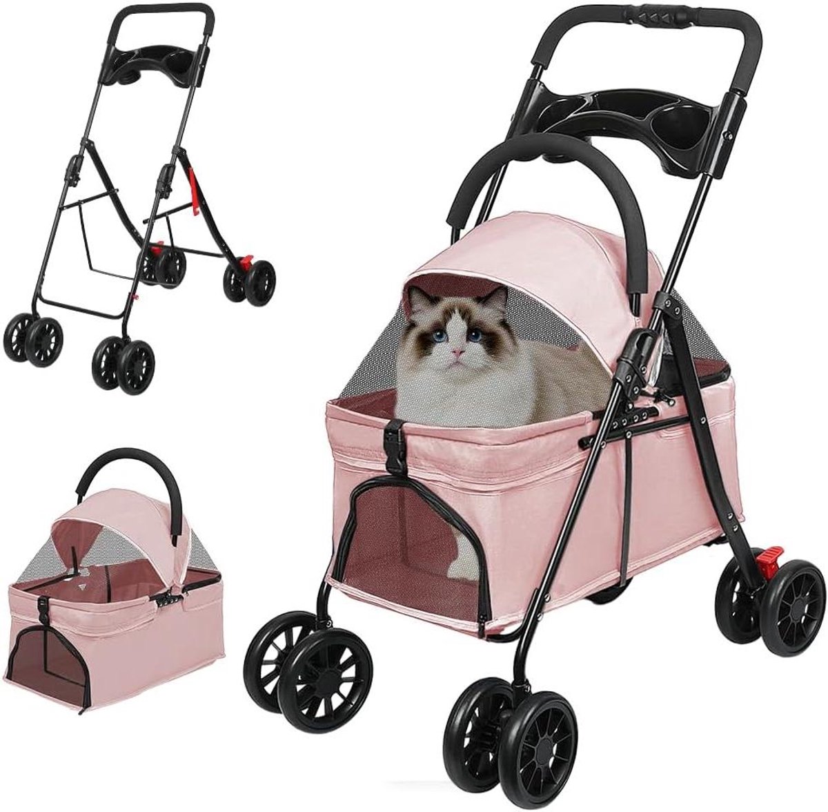 Hondenbuggy Opvouwbaar - Huisdierwagen Reisbuggy - Comfortabel Reizen - Eén-Klik Systeem - Tot 15 kg - Roze